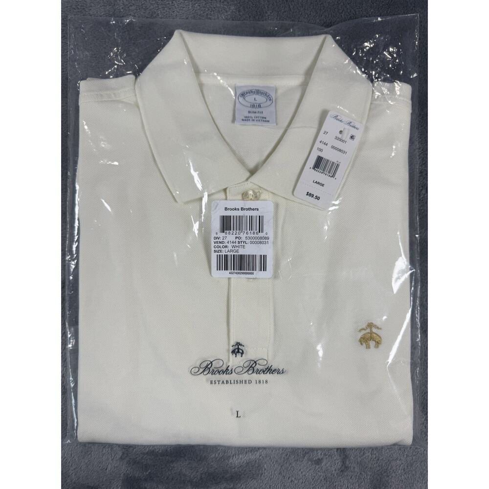 NEW! Brooks Brothers WHITE Pique Slim Fit Polo Shirt Large, Golden Fleece Golf